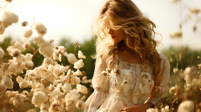 jolie femme blonde, habill&eacute;e style boh&egrave;me chic, en train de marcher dans un champ de coton