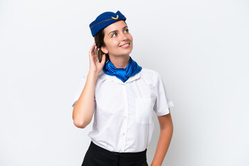 Airplane stewardess caucasian woman isolated on white background thinking an idea