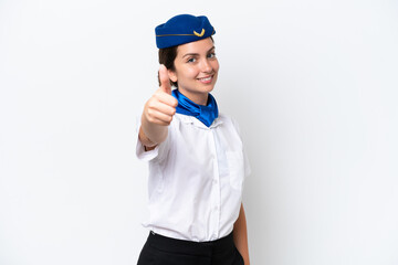 Airplane stewardess caucasian woman isolated on white background with thumbs up because something good has happened