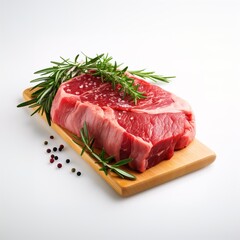 A piece of raw meat lies on a 3d cutting board on a white background
