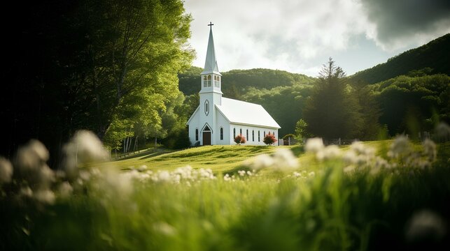 Capture the tranquil beauty of a serene, rural church surrounded by nature, highlighting the connection between faith and creation. generative AI
