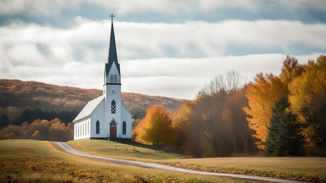 Capture the tranquil beauty of a serene, rural church surrounded by nature, highlighting the connection between faith and creation. generative AI
