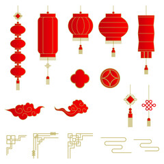 中華風提灯、飾りアイテム、フレームパーツのベクターイラストセット