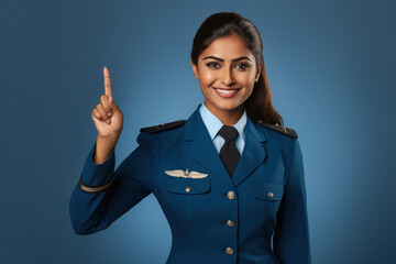 Young Indian pilot woman pointing above side