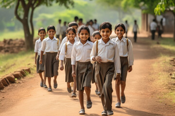 rural side Students are going to school - obrazy, fototapety, plakaty