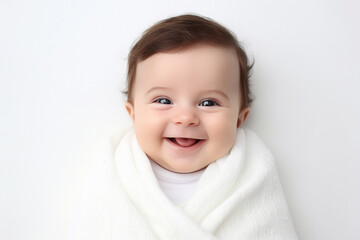 cute baby wrapped in white blanket