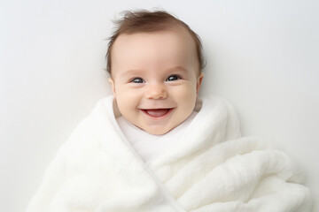 cute baby wrapped in white blanket