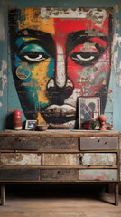 Reclaimed Wood Dresser with Concrete Wall and Graffiti