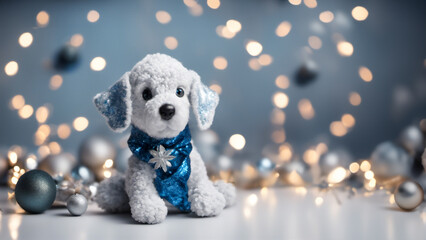 Banner natalizio, cagnolino con decorazioni - obrazy, fototapety, plakaty