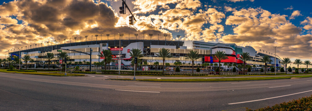 Daytona Beach, Florida, USA - January 9, 2020 : Panorama of the Daytona International Speedway stadium. This race track is the home of the Daytona 500, the most famous race in NASCAR.
