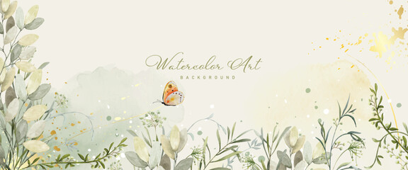Abstract watercolor background with botanical and butterfly on watercolor stains
