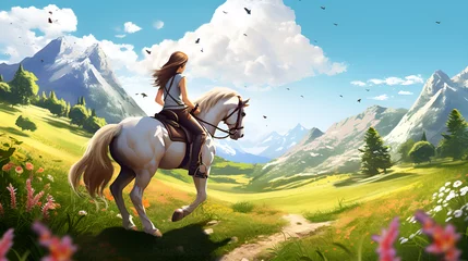Tuinposter horse in the mountains, equestrian on horseback,  Young woman on horseback, Beautiful young blonde woman riding a horse, Woman riding on grey horse in the field   © Micro