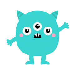 Cute monster blue head face icon. Happy Halloween. Three eyes, ears, hands, cheeks. Cute cartoon kawaii scary funny baby character. Flat design. White background. Isolated.