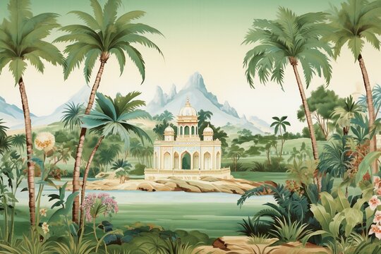 A vintage wallpaper showcasing Mughal gates, Indian architecture, royal gates, rocky outcrops, palm trees, and tropical trees. Generative AI