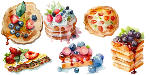 Watercolor illustration sweet breakfast cakes  and juicy fruity pastries  with berries clipart by hand on transparent  background.