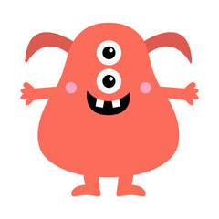 Cute monster red face head icon. Happy Halloween. Eyes, horns, hands, cheeks, tooth fangs. Cute cartoon kawaii scary funny baby character. Flat design. White background. Isolated.