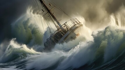A small ship is covered by a wave during a storm at sea