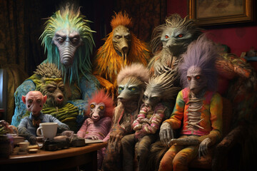 An alien monster family reunion. Colorful hairy and cute monsters in there house - obrazy, fototapety, plakaty