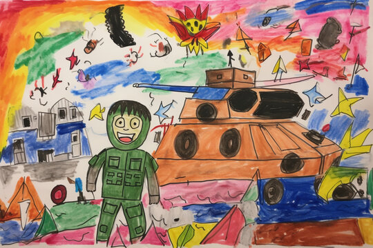 A silly picture of a war drawn by a child with colorful pencils. Generated by AI