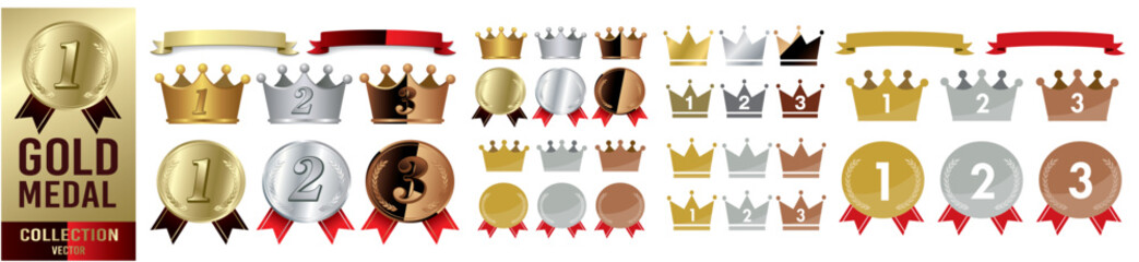 Gold crown medal icons set Vector - obrazy, fototapety, plakaty