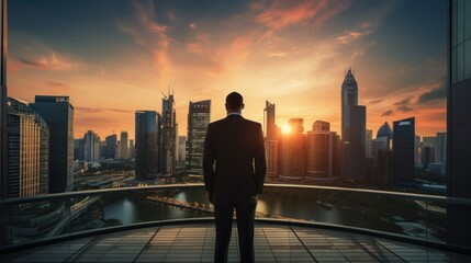 Businessman with success concept, businessman looking at big city during sunset