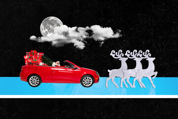 Collage artwork picture of funky funny santa riding auto delivering christmas gifts isolated black...