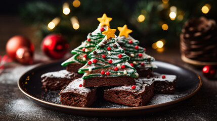 Chocolate brownies Christmas tree with chocolate - obrazy, fototapety, plakaty