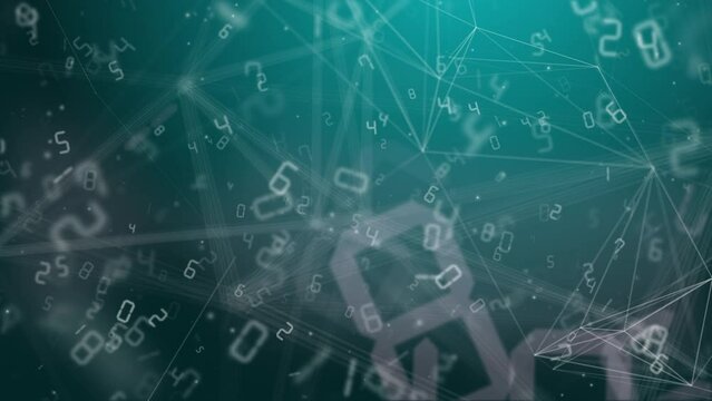 Technology school education background with random numbers flying and changing. Blue background with plexus lines. Looped motion graphics.