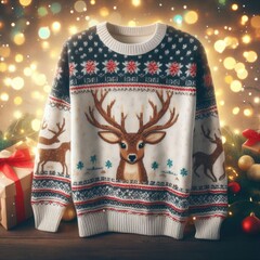 Christmas sweater  with deer and candles christmas decoration background