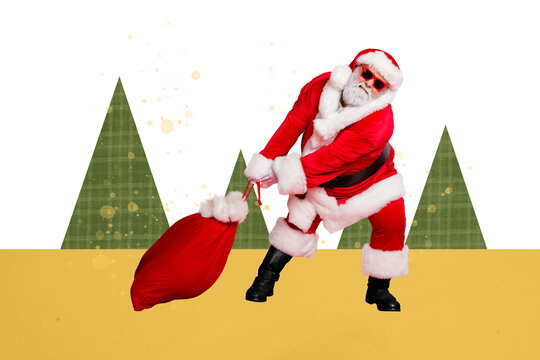 Template graphics collage image of tired funky santa dragging christmas gifts sack isolated creative background