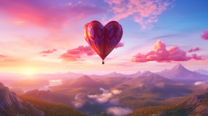 Heart shaped hot air balloon flying over the mountains. Valentine's day background