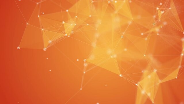 Abstract orange polygonal space with connected lines and planes. Animated dots. Looped motion graphics.