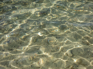 Crystal clear transparent water with fine white sand base with bright reflection of sun in water movement. Lines and shapes in nature