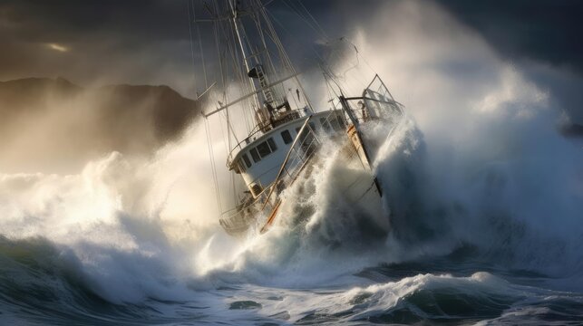 A small ship is covered by a wave during a storm at sea