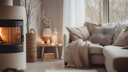 Fototapeta premium Step into a Scandinavian-style living room, where clean lines, minimalist decor, and a calming color palette create a serene and inviting space, embodying the essence of Scandinavian design.
