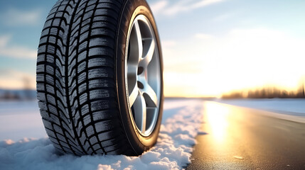 Winter tire on a snowy road - obrazy, fototapety, plakaty