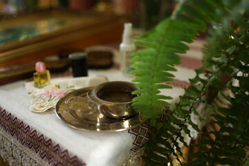 Myrrh and frankincense and holy water. Items for church baptism of a newborn.