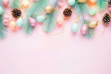 a colorful christmas border with christmas brance, pine tree leaf, little lamps decoration, soft pastel background for flat lay, generative ai