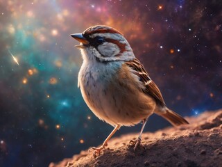 Sparrow against the background of the sky and stars