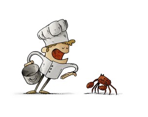Cartoon Chef Inviting Crab into Cooking Pot - 669958557