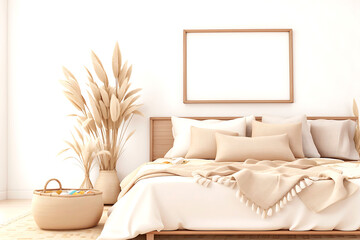 Interior poster mockup with vertical black frame in home interior background.