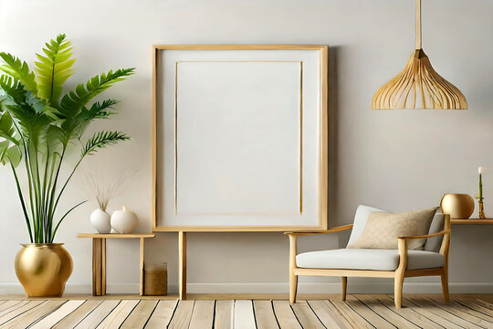 Interior poster mockup with vertical black frame in home interior background.