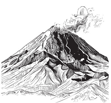 Volcano hand drawn sketch in doodle style illustration