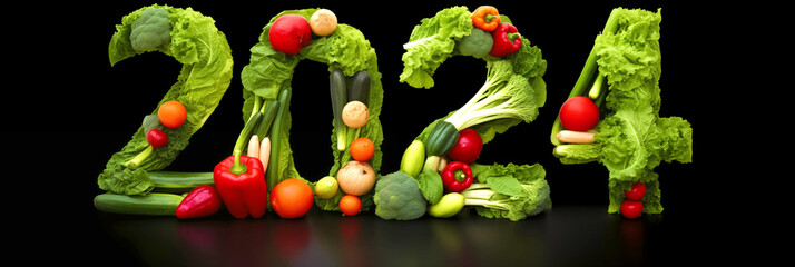 2024 text made of vegetables, vegan, health design