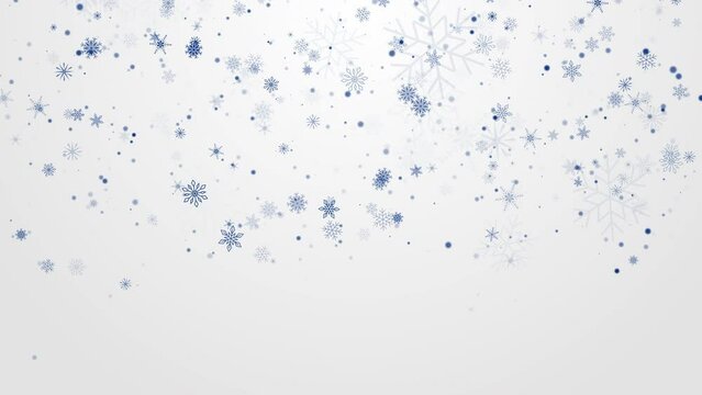 Artistic drawn blue flying falling snowflakes on a white background. Looped holiday animation. Copy space.