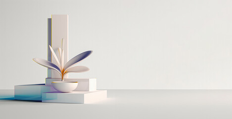 cube podium with vase and flower decoration on minimal background