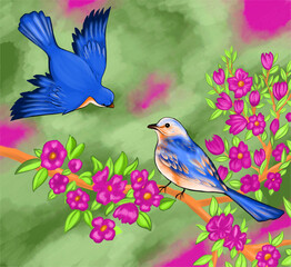 birds on a branch bird flies up to the tree with red flowers