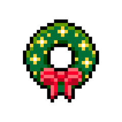 Obraz premium Christmas wreath with red bow pixel icon isolated on white background. Door wreath with lights in 16-bit old style. Vector illustration of New Year elements.