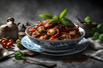 Roast chicken in a bowl with green leaves  - obrazy, fototapety, plakaty