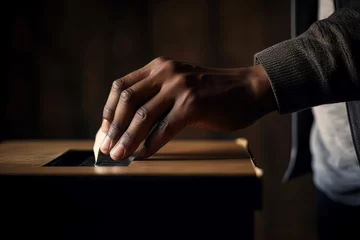 Deurstickers African American man's hand placing vote in an voting urn  © Schizarty